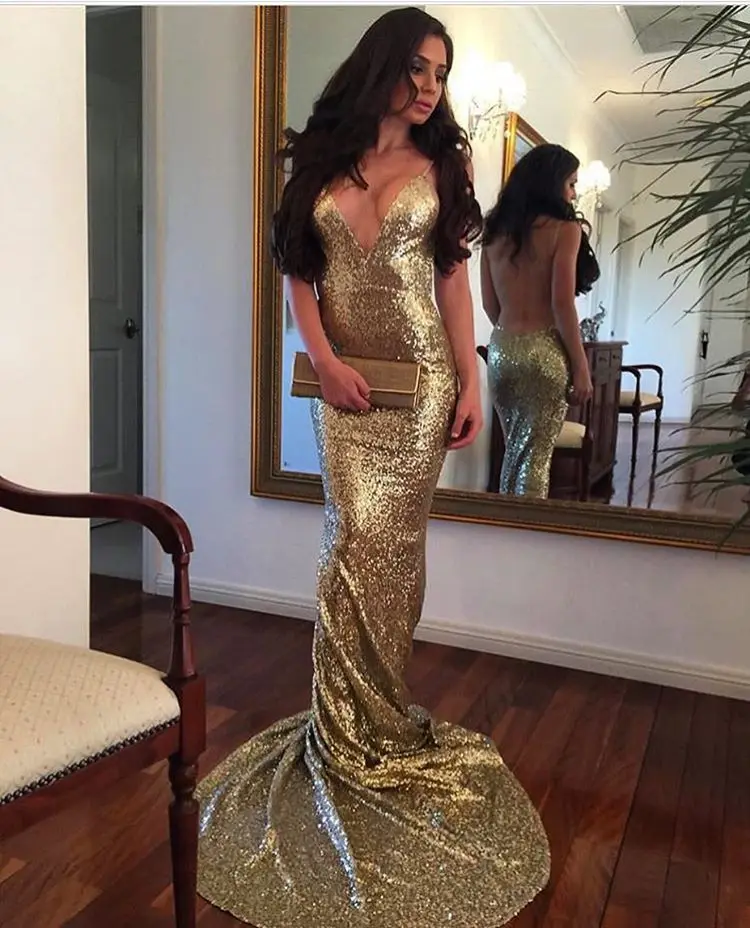 Glitter Gold Evening Dresses Sexy Backless Long Prom Dresses Mermaid Deep Plugging Neckline Sparkly Formal Party Dress Summer
Glitter Gold Evening Dresses Sexy Backless Long Prom Dresses Mermaid Deep Plugging Neckline Sparkly Formal Party Dress Summer