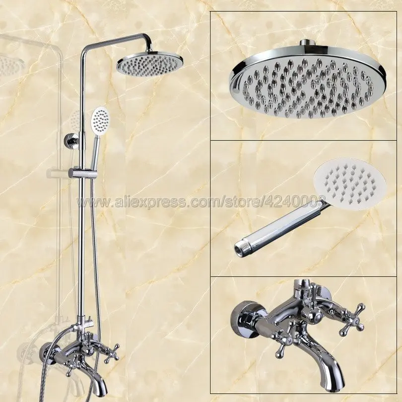 

Polished Chrome Rainfall 8" Bath Shower Mixer Faucet Set Wall Mounted with Hand Shower Swivel Tub Spout Shower Taps Kcy357