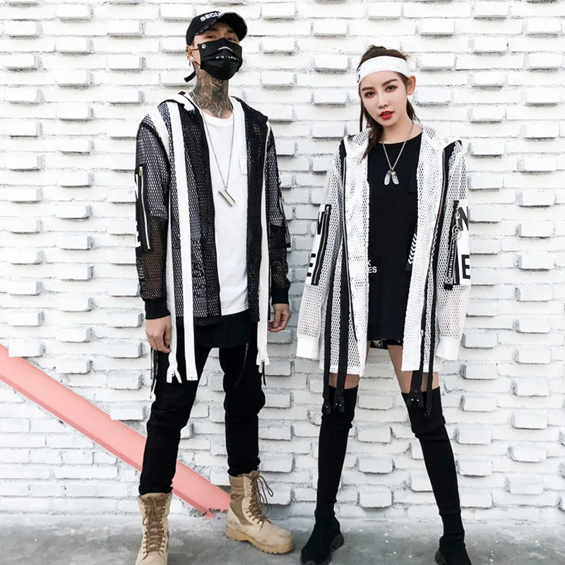 Men women ribbons zippers patchwork hip hop punk long hooded jacket hollow out mesh windbreaker nightclub DJ singer stage coat
Men women ribbons zippers patchwork hip hop punk long hooded jacket hollow out mesh windbreaker nightclub DJ singer stage coat