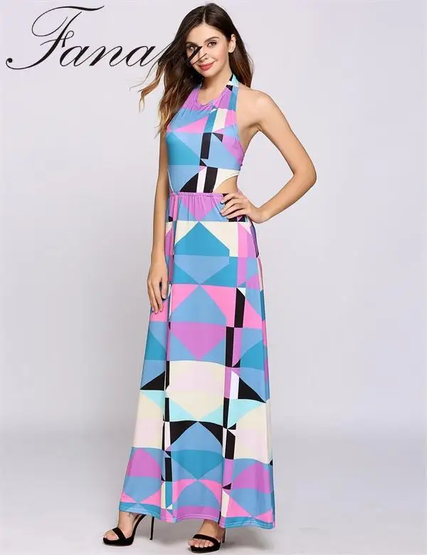 Повседневное Холтер воротник Boho стили геометрические Лоскутная Cut Out спинки