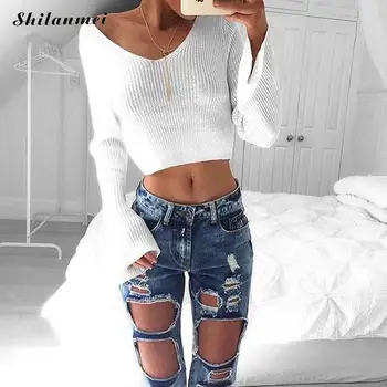 Women pullover Sweater Fashion V-Neck Long Sleeve Knitted Crop Tops Solid White Casual Sweater 2019 New Flare Sleeve Tops Women
Women pullover Sweater Fashion V-Neck Long Sleeve Knitted Crop Tops Solid White Casual Sweater 2019 New Flare Sleeve Tops Women