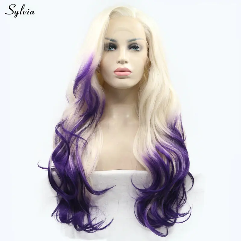 

Sylvia High Temperature Natural Long Hair 60# Pastel Blonde Ombre Dark Purple Two Tone Synthetic Lace Front Wigs for White Women
