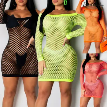 Women Sexy Off Shoulder Bodycon Fishnet See Through Dress Long Sleeve Mini Dress 
Women Sexy Off Shoulder Bodycon Fishnet See Through Dress Long Sleeve Mini Dress