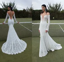 2015 New Fashionable Berta Bridal Gown See Through V-Neck off the shoulder Long Sleeve Lace Wedding Dress With Train ZY122
2015 New Fashionable Berta Bridal Gown See Through V-Neck off the shoulder Long Sleeve Lace Wedding Dress With Train ZY122