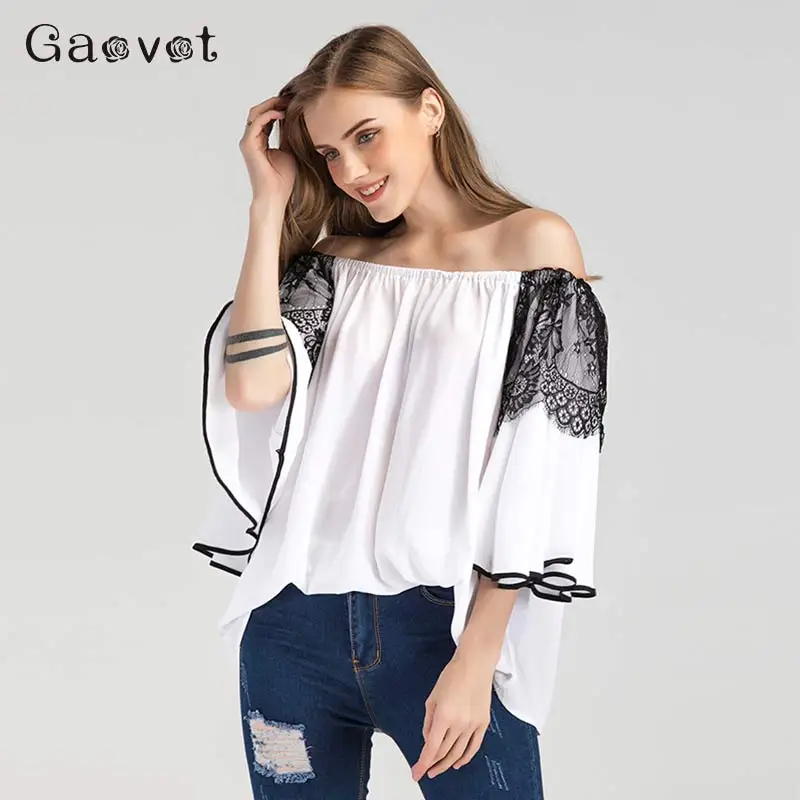 Sexy Slash Neck Chiffon Shirts Women Off Shoulder 2019 Summer T Shirt Lace Tops Ladies Casual Flare Three Quarter Sleeve Shirt
Sexy Slash Neck Chiffon Shirts Women Off Shoulder 2019 Summer T Shirt Lace Tops Ladies Casual Flare Three Quarter Sleeve Shirt