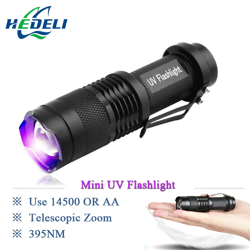 Перезаряжаемый мини zoomble ультрафиолетовый УФ-фонарик 365nm черный свет 395nm