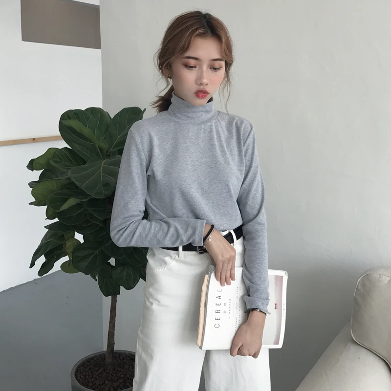 

Women Long Sleeve T shirt Harajuku Cartoon Tops Tee Female Fashion Ulzzang Striped Turtleneck T-shirt Preppy Style Tshirt