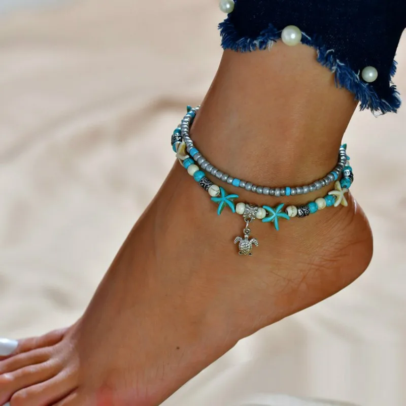 

Tortoise Pendant Anklet Beads Starfish Anklets For Women Vintage Barefoot Sandal Statement Bracelet Foot Boho Jewelry