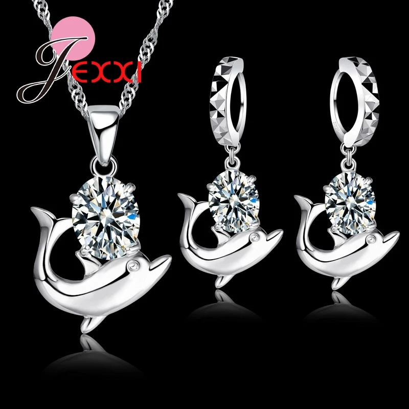 

Fast Shipping Pretty CZ Cubic Zirconia Jewelry Set 925 Sterling Silver Romantic Dolphin Pendant Necklace & Earrings Set