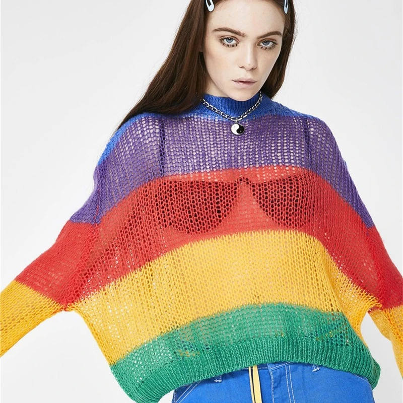High Street 2019 Spring Women Fashion Rainbow Striped Mohair Pullover Sweater Lady Long Sleeve Loose Hollow Out Knitted Top
High Street 2019 Spring Women Fashion Rainbow Striped Mohair Pullover Sweater Lady Long Sleeve Loose Hollow Out Knitted Top