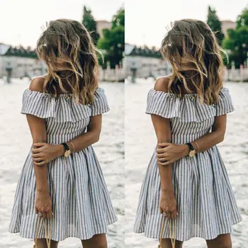 arrival Women Summer short sleeve off shoulder slash neck backless ruffles striped mini Dress casual Party beach Sundress
arrival Women Summer short sleeve off shoulder slash neck backless ruffles striped mini Dress casual Party beach Sundress