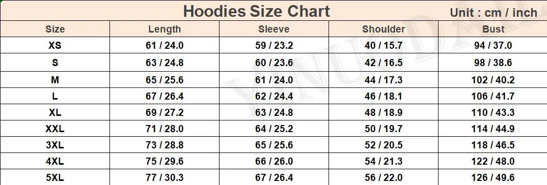 Hoodie Size Chart Us