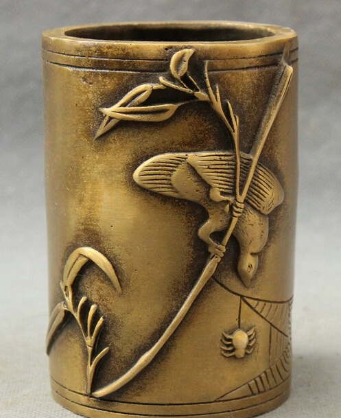 JP S0608 Marked Chinese Bronze Bird Catch Spider Bamboo Statue Folk Brush Pot Pencil Vase
JP S0608 Marked Chinese Bronze Bird Catch Spider Bamboo Statue Folk Brush Pot Pencil Vase