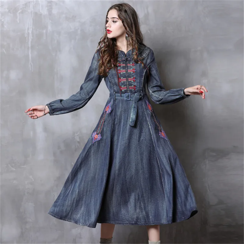 Vintage Autumn Dress Women 2018 Brand Denim Vestidos Stand Collar Long Sleeve Embroidery Belted Slim Wasit Women Dresses 82115
Vintage Autumn Dress Women 2018 Brand Denim Vestidos Stand Collar Long Sleeve Embroidery Belted Slim Wasit Women Dresses 82115