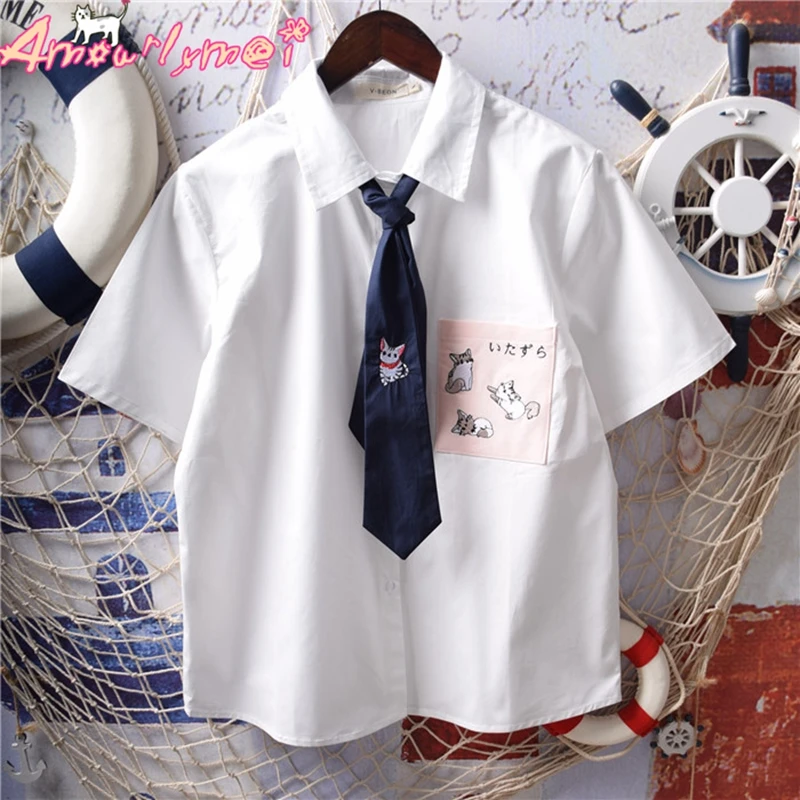 Japanese Mori Girl Summer Women Shirt Kawaii Cat Embroidered Necktie Loose Short Sleeve School Uniform Preppy Style White Blouse
Japanese Mori Girl Summer Women Shirt Kawaii Cat Embroidered Necktie Loose Short Sleeve School Uniform Preppy Style White Blouse