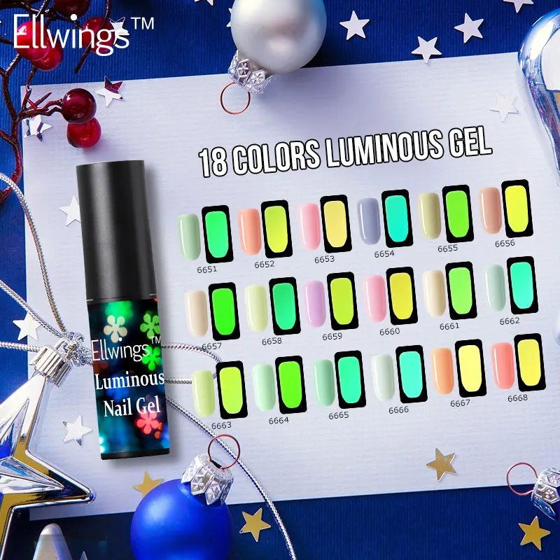 Ellwings 18 флюоресцентные цвета Светящийся гель лак для ногтей светящийся в темноте
