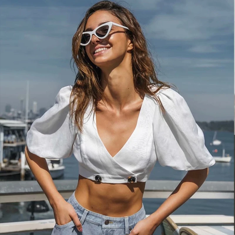 2019 summer Women Vintage V Neck Bishop Sleeve white Blouse Button Up Puff half Sleeve Shirt
2019 summer Women Vintage V Neck Bishop Sleeve white Blouse Button Up Puff half Sleeve Shirt