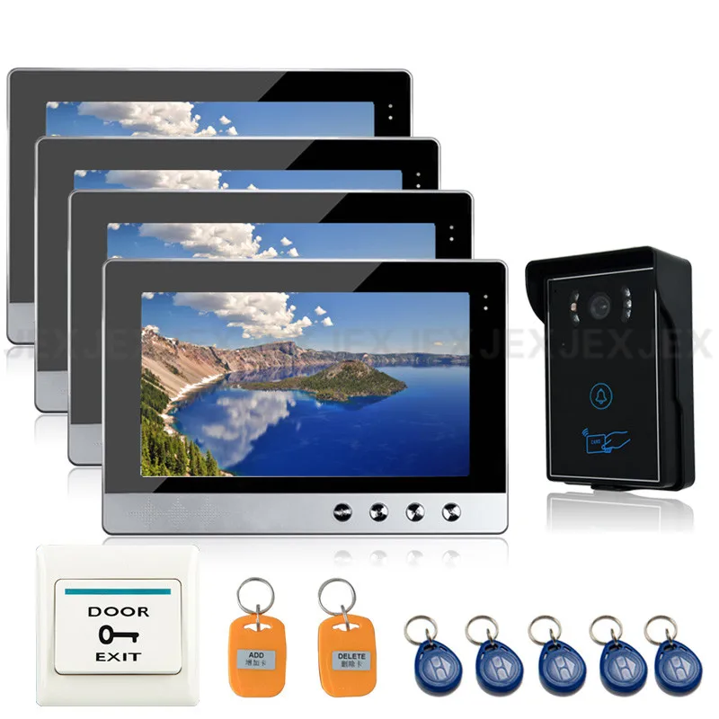 

JEX 10`` color video doorphone doorbell speaker intercom system kit 4 monitor + Waterproof RFID access control COMS Camera 1V4