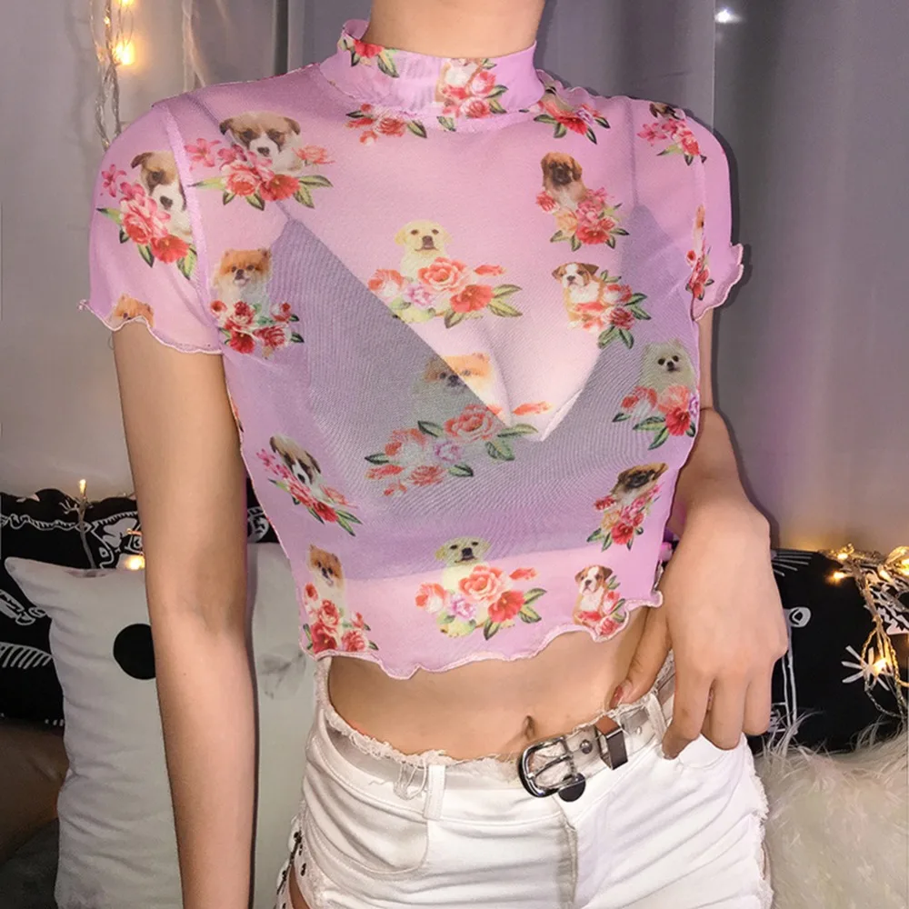 Sweet Pink Transparent Mesh Top Dog Floral Print Women Sexy T-shirts Summer Clothes 2019 Harajuku Crop Tops Tees Tshirt
Sweet Pink Transparent Mesh Top Dog Floral Print Women Sexy T-shirts Summer Clothes 2019 Harajuku Crop Tops Tees Tshirt