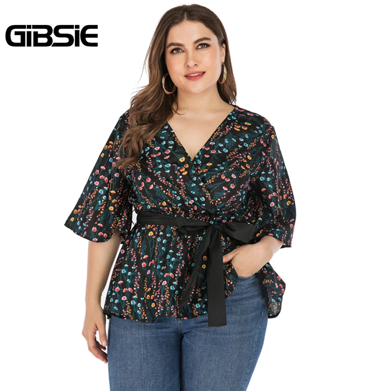 GIBSIE Plus Size Elegant Floral Print V-neck Wrap Blouse Women 2019 Summer Casual Belted Hafl Sleeve Ladies Tops and Blouses
GIBSIE Plus Size Elegant Floral Print V-neck Wrap Blouse Women 2019 Summer Casual Belted Hafl Sleeve Ladies Tops and Blouses