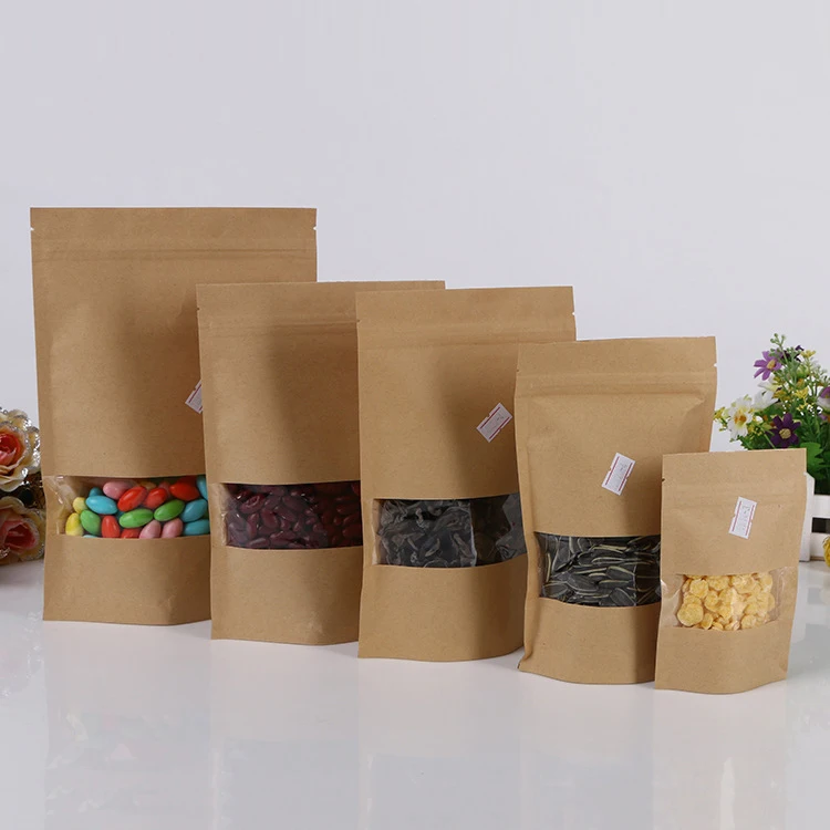 

500pcs/lot 14x20+4cm Brown Kraft Paper Bag With Window Stand Up Zipper/zip Lock Jewelry Packaging Bag Paper Bags For Gifts/tea