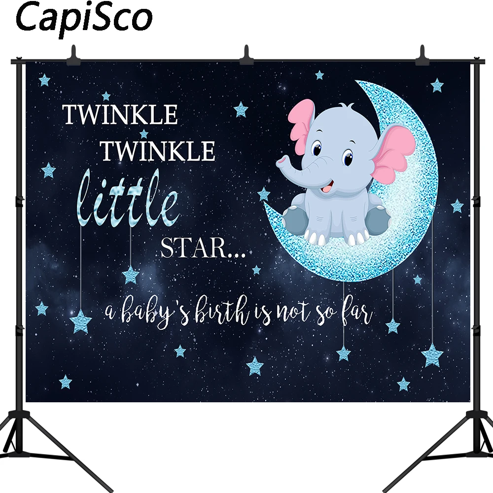 

Capisco Girl Elephant Backdrop Twinkle Little Star Baby Shower Photography Background Blue Elephant birthday Party Backdrops