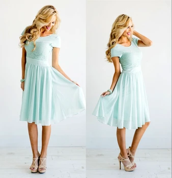 

2019 Mint Lace Chiffon Short Country Modest Bridesmaid Dresses With Cap Sleeves Jewel A-line Knee Length Informal Party Dress