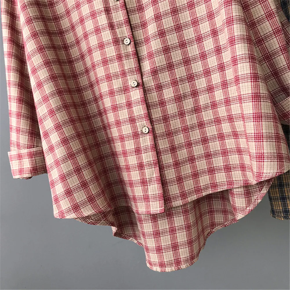 Boyfriend Style Blouses 100% Cotton Loose Women Plaid Shirts 2019 Office Women Blouse Shirt Female Outerwear Casual Pocket Shirt (7)