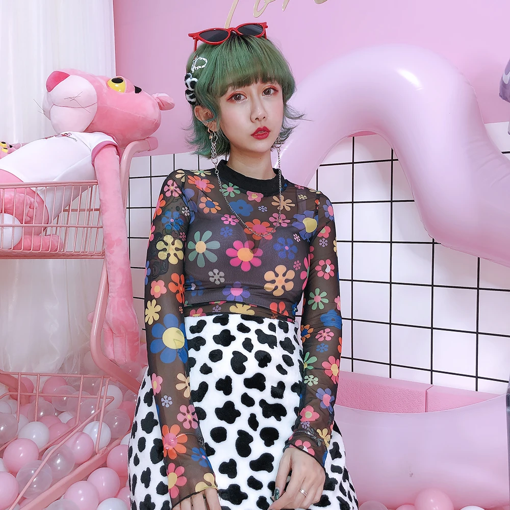 Тонкая сетчатая футболка Harajuku Bounty в стиле ретро с длинными рукавами и цветочным