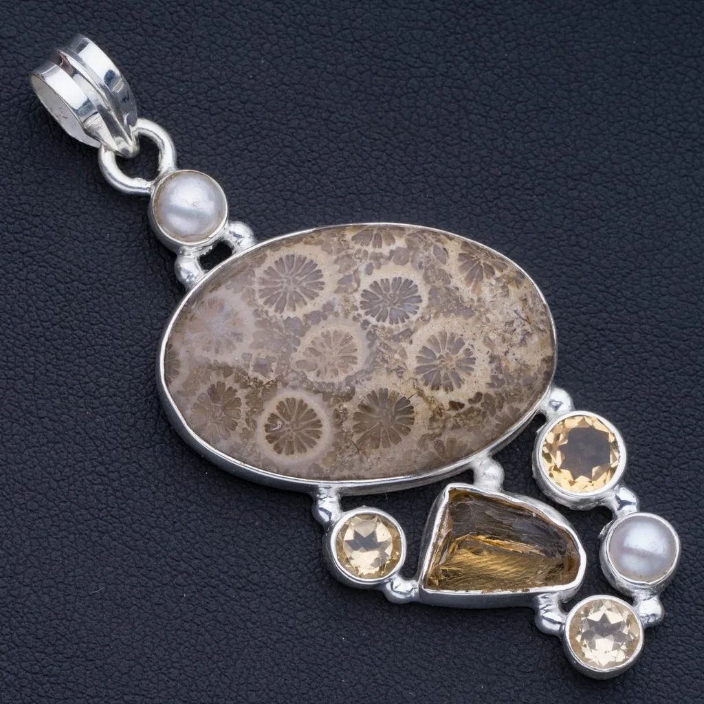 Fossil Coral,Rough Citrine,Citrine and River Pearl 925 Sterling Silver Pendant 2 1/2" P0986
Fossil Coral,Rough Citrine,Citrine and River Pearl 925 Sterling Silver Pendant 2 1/2" P0986