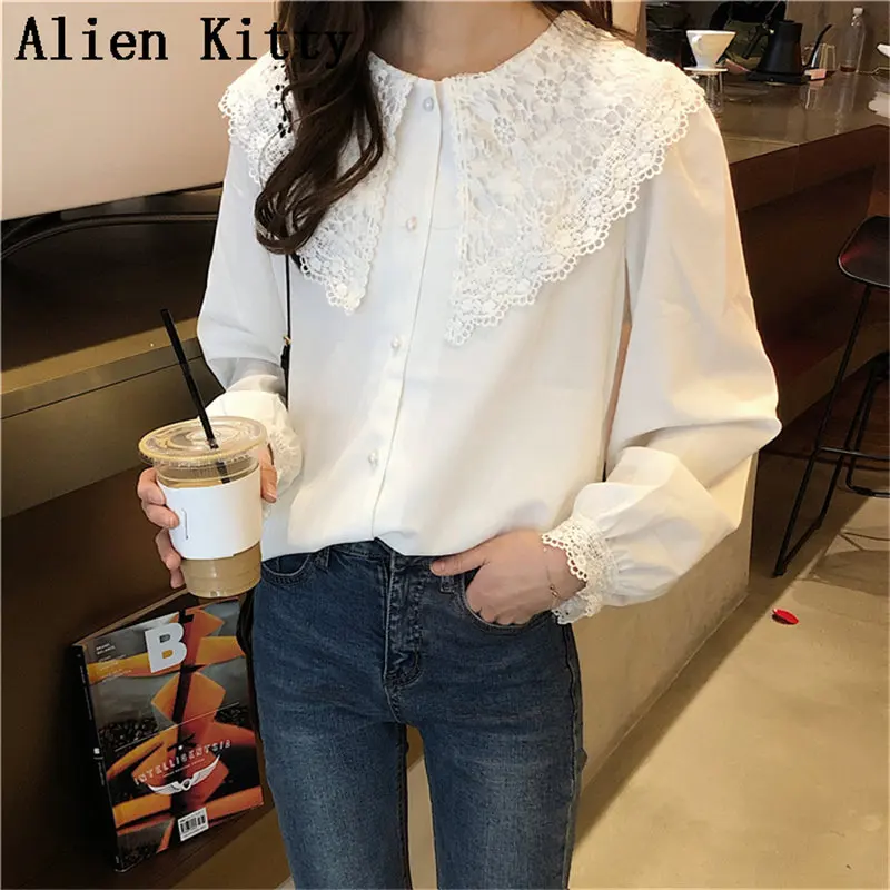 Alien Kitty Peter Pan Collar Lace Female Chiffon Free Basic Shirts White Elegant Soft Free Simple Fresh Sweet Tops Casual Shirts
Alien Kitty Peter Pan Collar Lace Female Chiffon Free Basic Shirts White Elegant Soft Free Simple Fresh Sweet Tops Casual Shirts