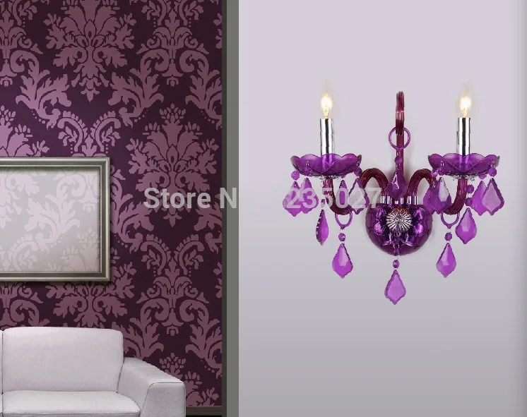 Description Picture 5 of itemNew Arrival Hotsale Purple Crystal Wall Lamp Candle Led E14 Bulbs Purple Fabric Lampshade 2 Lights 100% Guaranteed