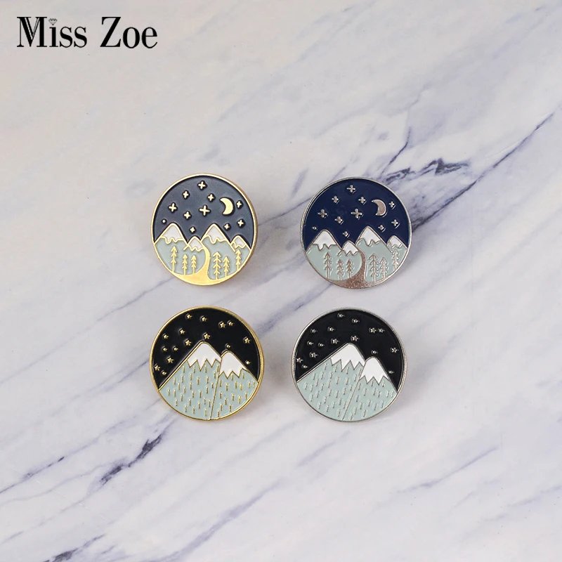 

Snow Mountain enamel pins Gold silver starry night moon badge brooch Lapel pin Denim Jeans shirt bag Nature jewelry Gift for kid