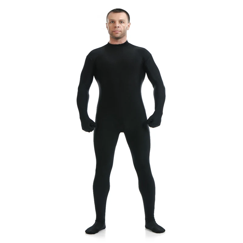 

24hours Lycra Spandex Turtleneck Unitard Mens Full Body Zentai Suit Hoodless Footed Zipper Tight Skin Suits Dancewear With Hands