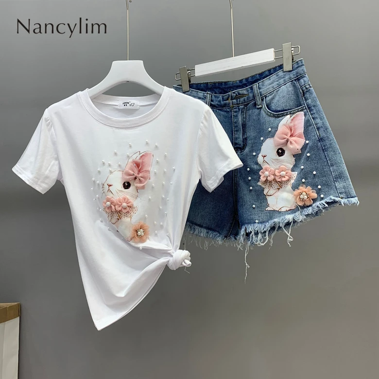 2019 Summer Hot Pants Suit Woman Two Piece Set New Flower Bunny Elastic T-shirt + Denim Shorts Female Jeans Shorts Sets Nancylim
2019 Summer Hot Pants Suit Woman Two Piece Set New Flower Bunny Elastic T-shirt + Denim Shorts Female Jeans Shorts Sets Nancylim