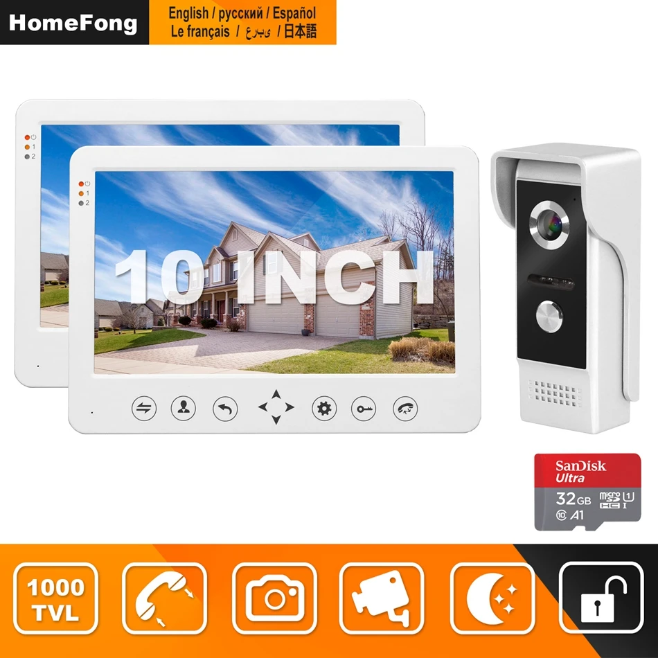 HomeFong 10inch Video Intercom Doorbell 2 Displays with 1 Doorbell Support Motion Detect Record and CCTV Camera Video Door Phone
HomeFong 10inch Video Intercom Doorbell 2 Displays with 1 Doorbell Support Motion Detect Record and CCTV Camera Video Door Phone