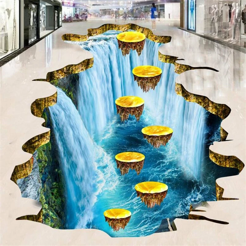 

Custom flooring 3d large large-scale adventure gold plum pile flooring waterfall stream stone bridge floor decoration painting