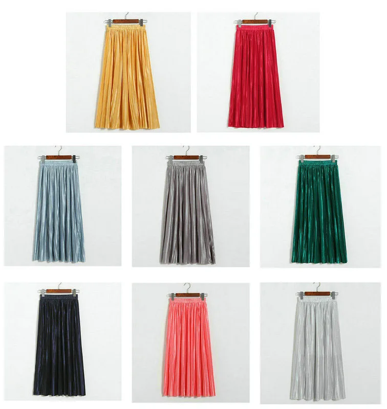 Lustrous pleated skirt metallic mid-length skirt for women of fall 2017 new Korean style joker long skirt (1)