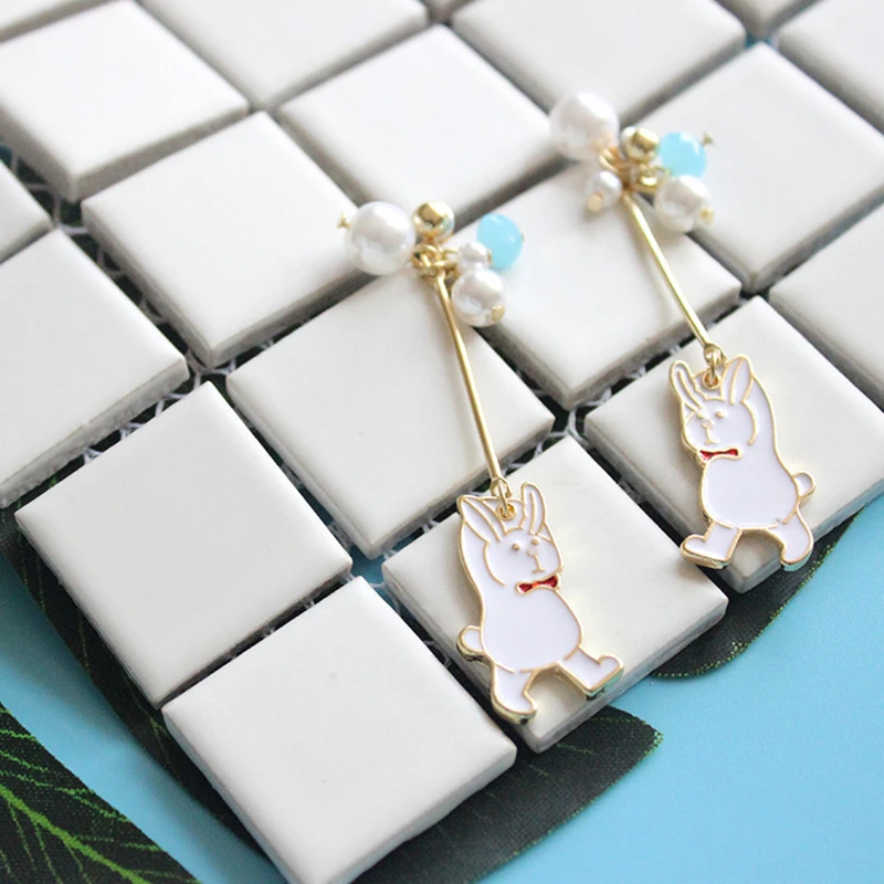 Doreen Box Alloy Stud White Rabbit Blue Beads Fashion Jewelry Animals Series Cut Earrings For Women Girl 1 Pair | Украшения и