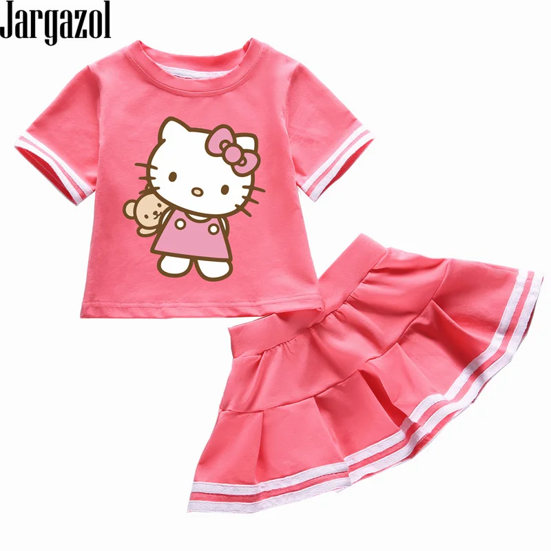 

Toddler Girl Set Cartoon Kitty Cat Printed Summer Shirt&skirt Vetement Enfant Fille Tracksuits Girls Ruffle Outfits Baby Kids