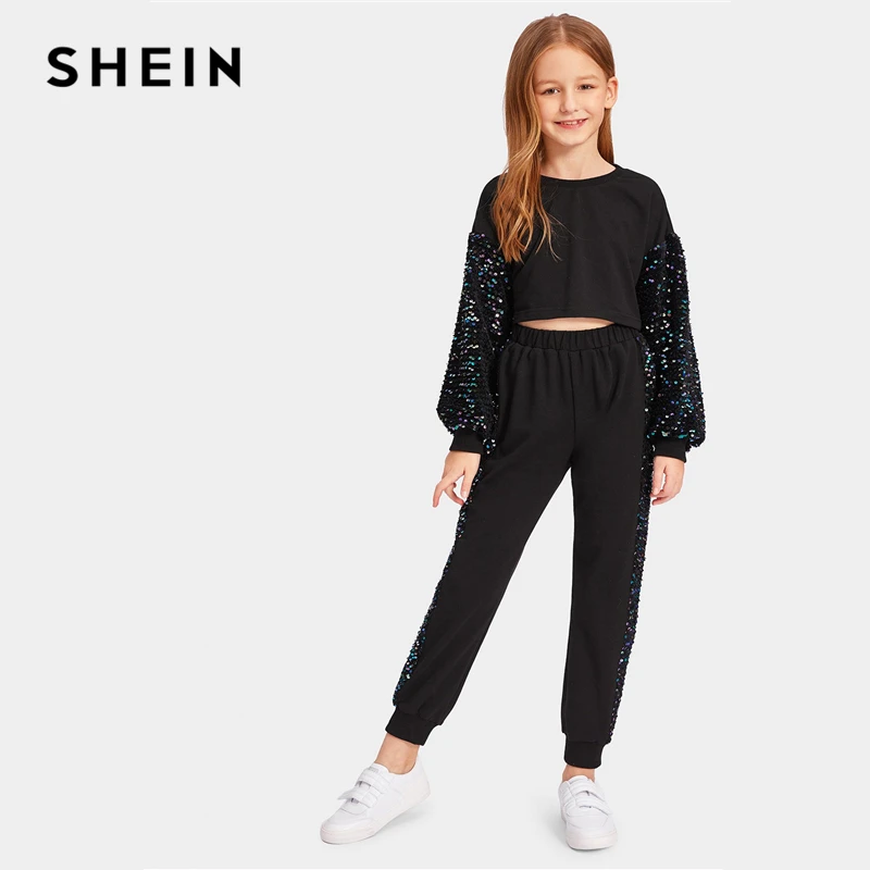 

SHEIN Kiddie Black Sequin Panel Crop Preppy Pullover And Pants Set Girls Suit Sets 2019 Spring Korean Bishop Sleeve Casual Sets