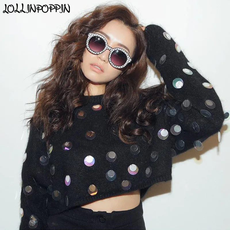 Women Sequin Sweater Ladies Crop Top Knitted Pullovers New 2018 Short Length Loose Sweater Drop Shoulder Sequinned Black Sweater
Women Sequin Sweater Ladies Crop Top Knitted Pullovers New 2018 Short Length Loose Sweater Drop Shoulder Sequinned Black Sweater