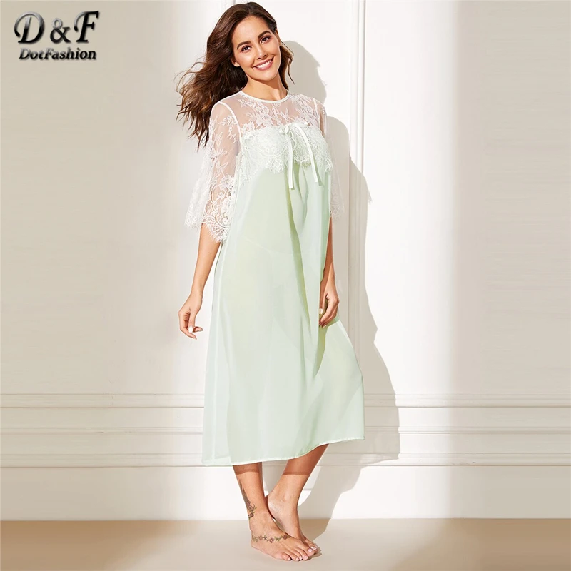 

Dotfashion Green Knot Detail Semi Sheer Lace Yoke Night Dress Women 2019 Spring New Casual Sleepwear Summer Ladies Loungewear