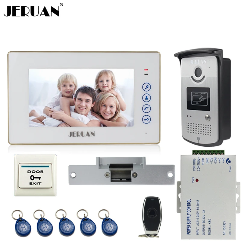 

JERUAN 7 inch TFT color touch key video door phone intercom system kit 700TVL RFID Access IR Night Vision COMS Camera