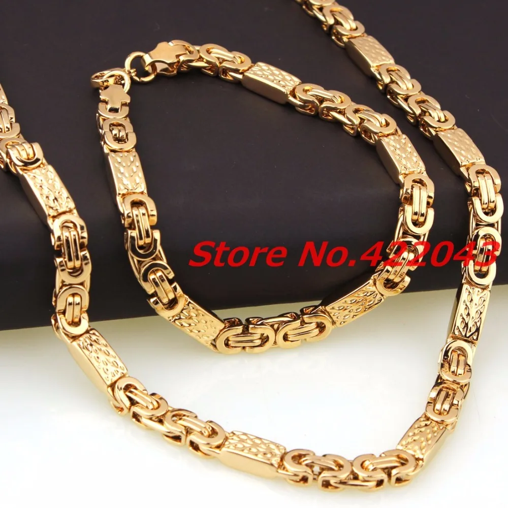 

6mm Width Fashion Jewelry 316L Stainless Steel Gold color Byzantine Box Chain Mens Womens 22" Necklace & 8.6"Bracelet