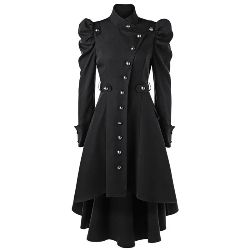 

LASPERAL 2019 Women Puff Shoulder Button Up Dip Hem Trench Coat New Fashion Stand Collar Slim Fit Outerwear Ruffle Gothic Coat