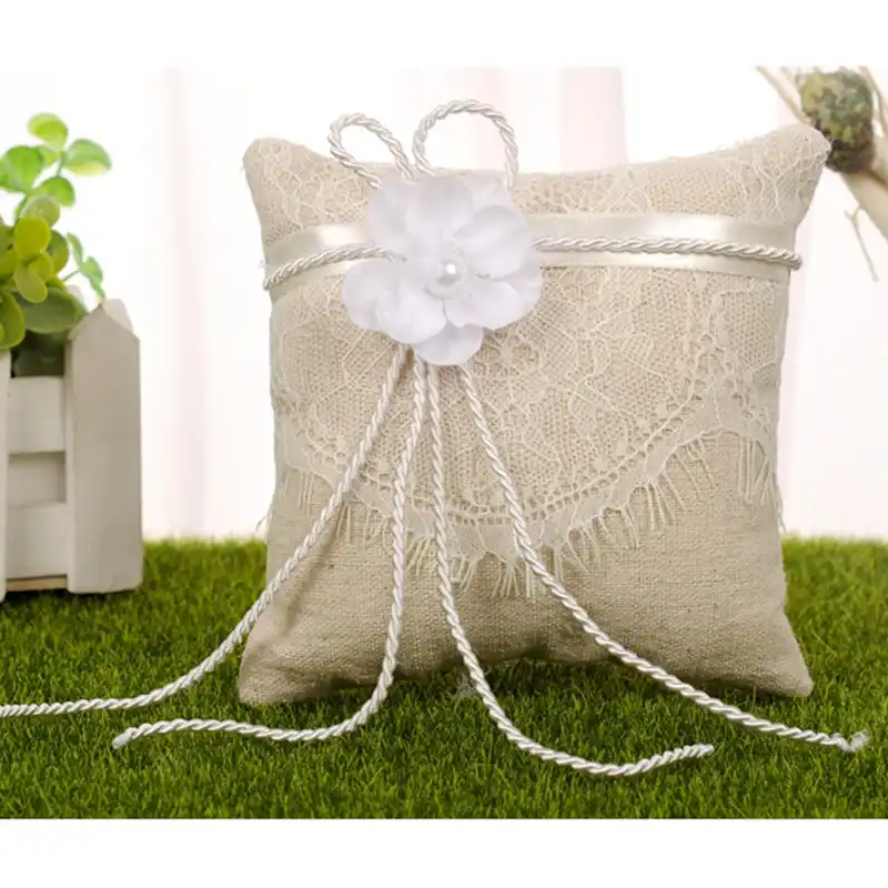 Wedding Ring Pillow Burlap Lace Vintage Rustic Ring Bearer Jewelry Pillow Cushion 15 x 15cm
