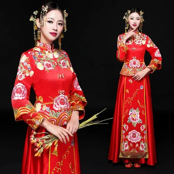 Traditional Female Chinese Qipao Flower Embroidery Asian Bride Wedding Dress RED Toast Clothes Elegant Ankle-Length Cheongsam
Traditional Female Chinese Qipao Flower Embroidery Asian Bride Wedding Dress RED Toast Clothes Elegant Ankle-Length Cheongsam