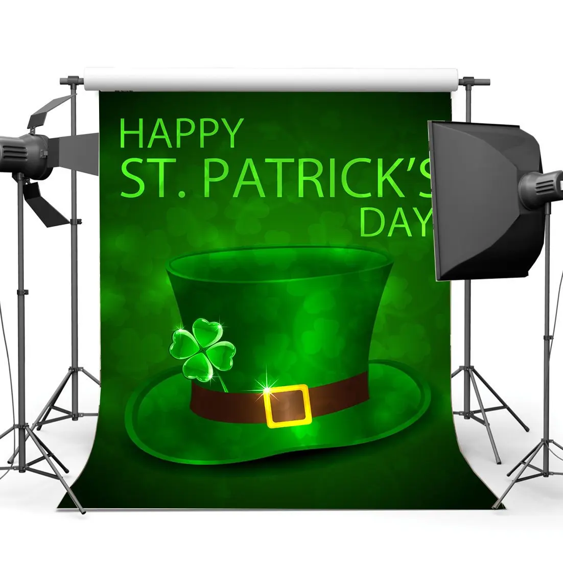 

Happy St.Patrick's Day Backdrop Lucky Irish Shamrock Green Four-leaf Clover Leprechaun's Hat Bokeh Background