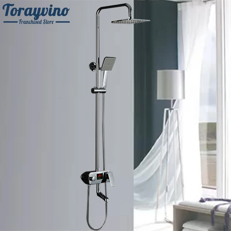

Digital Display 8" Rainfall Shower Faucet In-wall Rotate Tub Spout Shower Mixer Set with Handheld Shower Brass Mixer Valve